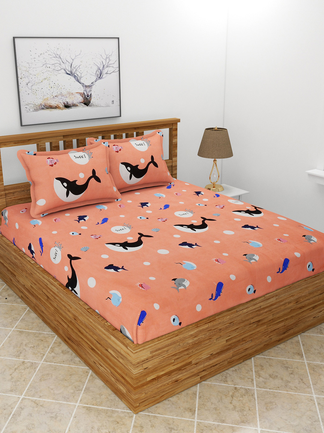 MORADO Pink Graphic Polycotton 210 TC Queen Fine Bedsheet with 2 Pillow Covers-227 x 254 cm
