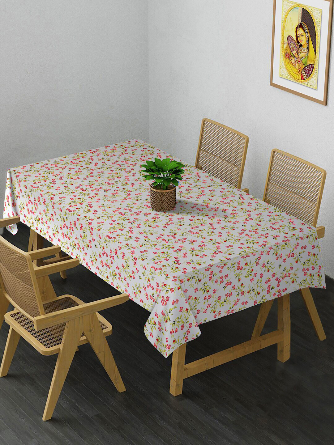 HOSTA HOMES  White & Pink Digital Printed 4-Seater Table Cover