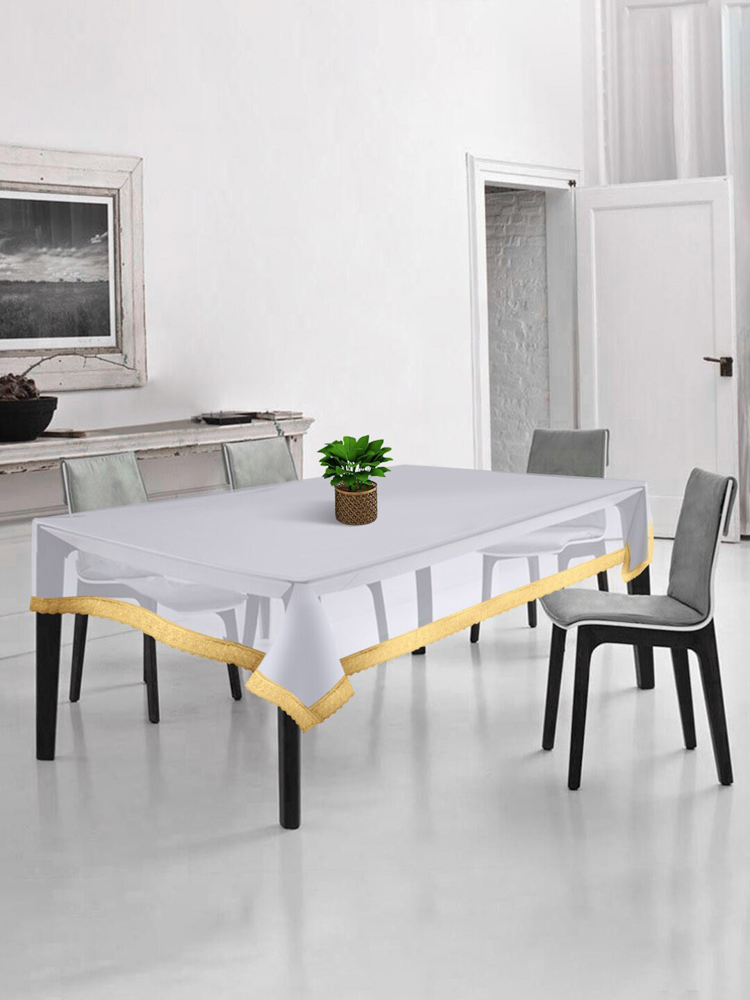 HOSTA HOMES Transparent & Gold-Coloured Solid With Lace Border 4-Seater Table Cover