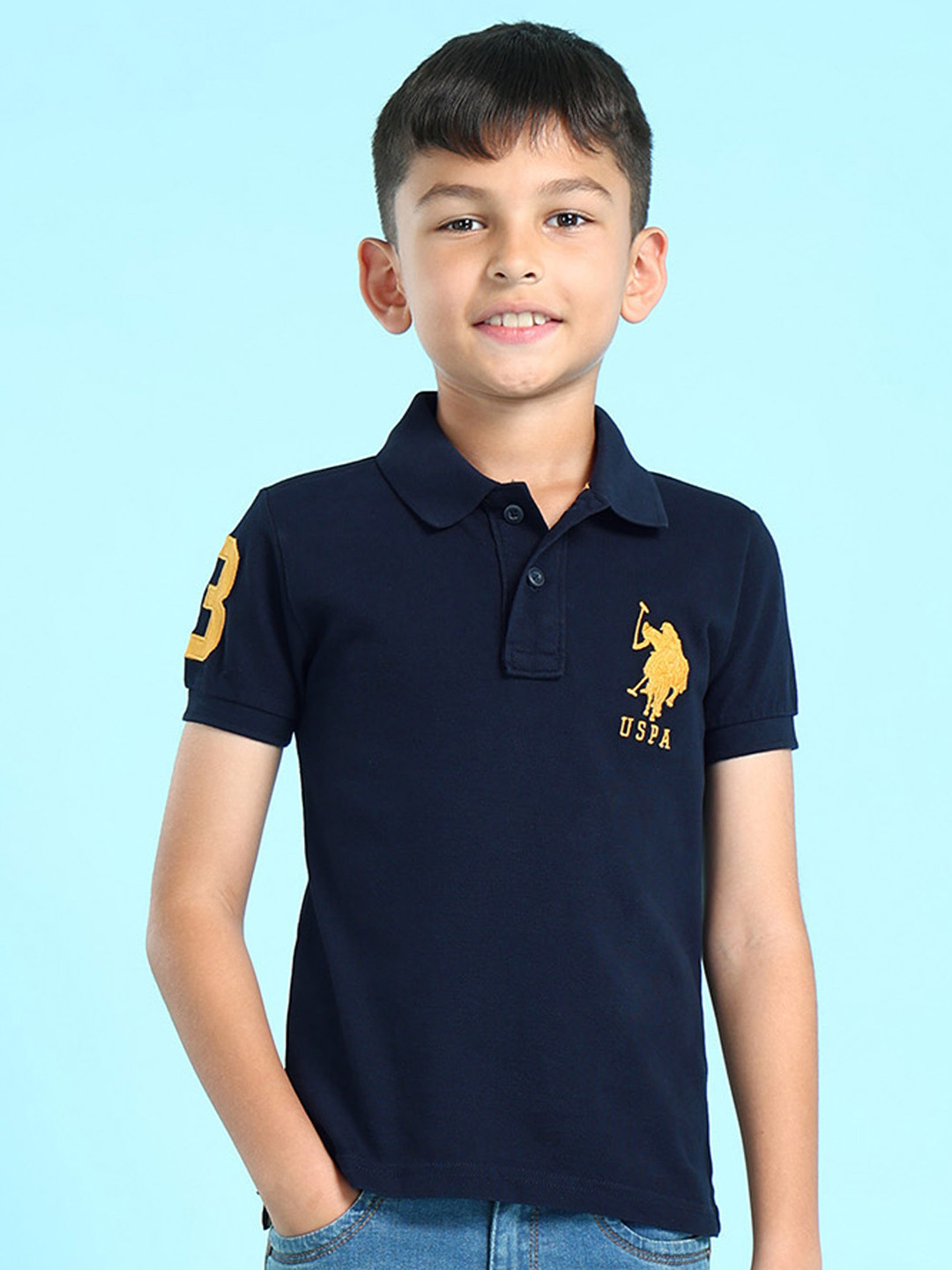 U S Polo Assn Kids Boys Blue & Yellow Cotton Brand Logo Polo Collar T-shirt
