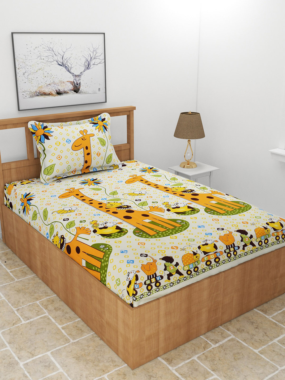 MORADO Yellow Graphic Polycotton 180 TC Single Fine Bedsheet with a Pillow Cover-90 x 60 inches