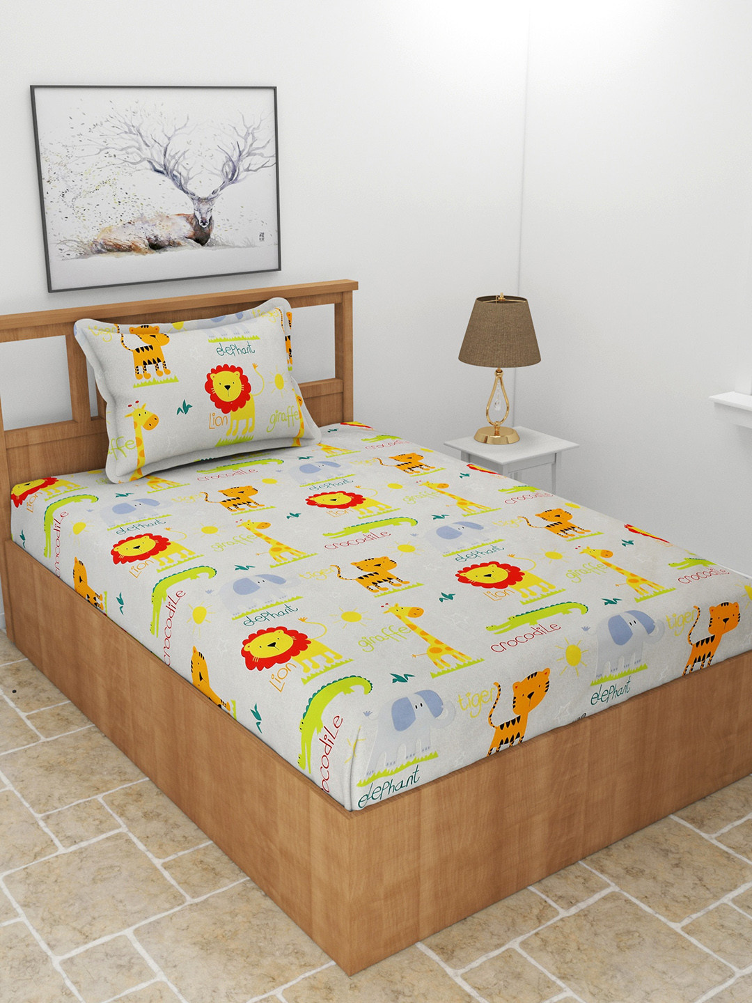 MORADO Off White Graphic Polycotton 210 TC Single Fine Bedsheet with a Pillow Cover-63 x 90 inches