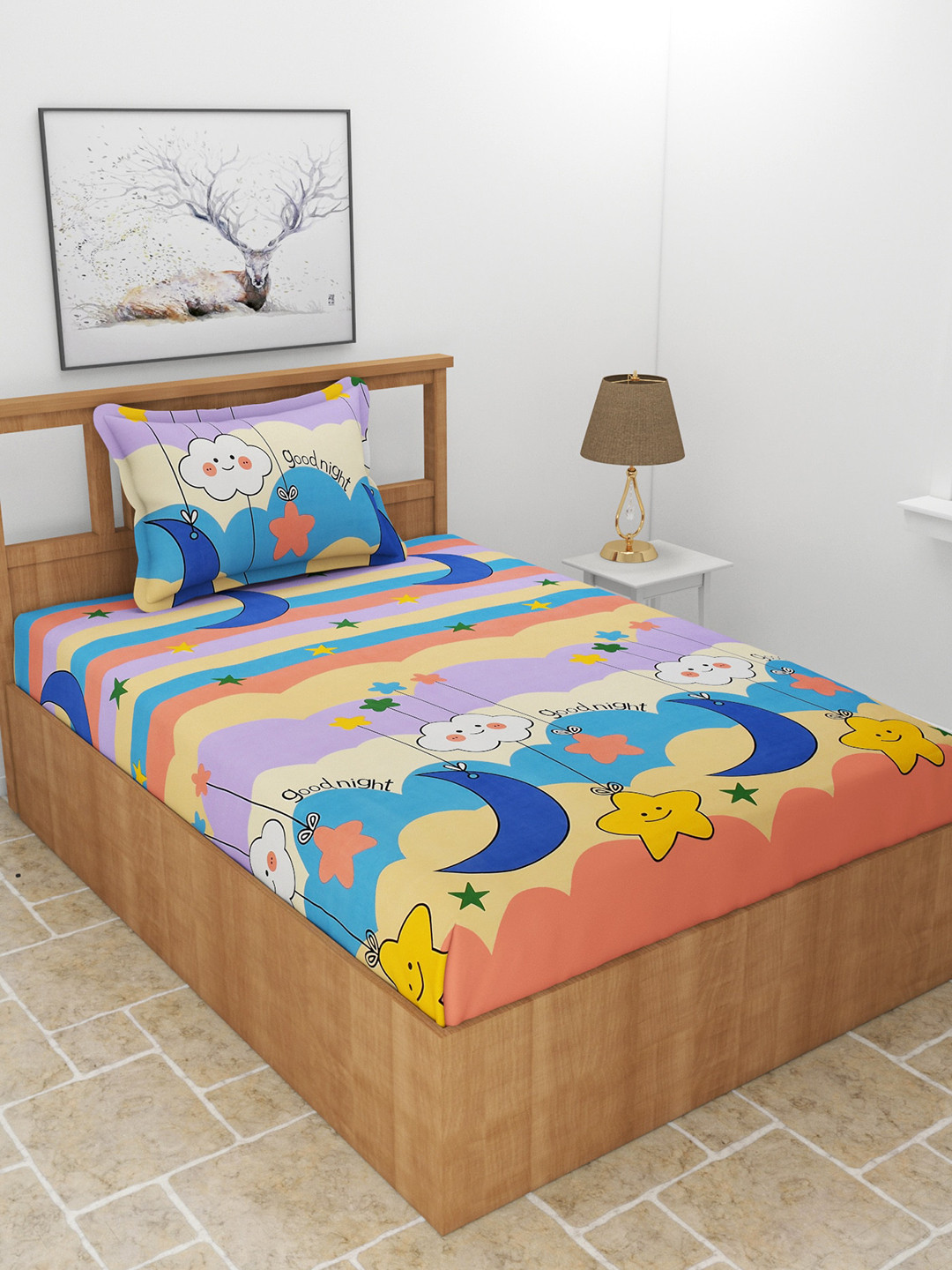 MORADO Goodnight Purple Conversational Polycotton 180 TC Single Fine Bedsheet with a Pillow Cover-90 x 60 inches