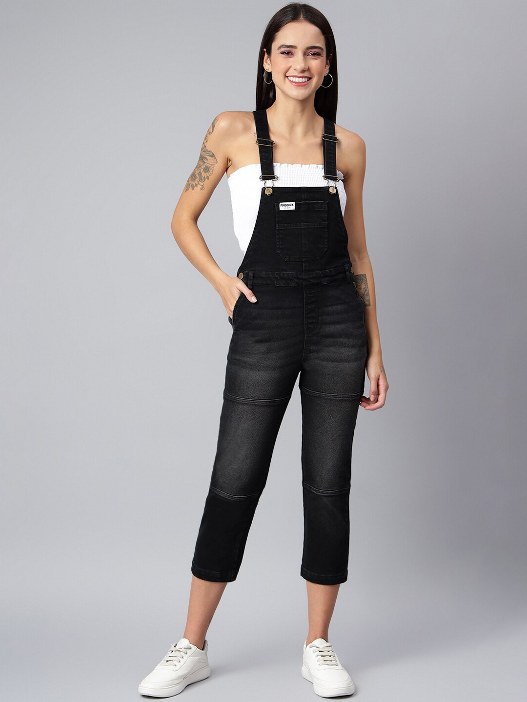 FINSBURY LONDON Women Black Solid Cotton Dungaree