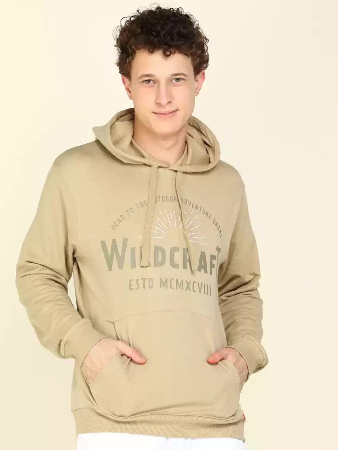 Wildcraft Men Beige Printed Hooded Cotton Sweatshirt