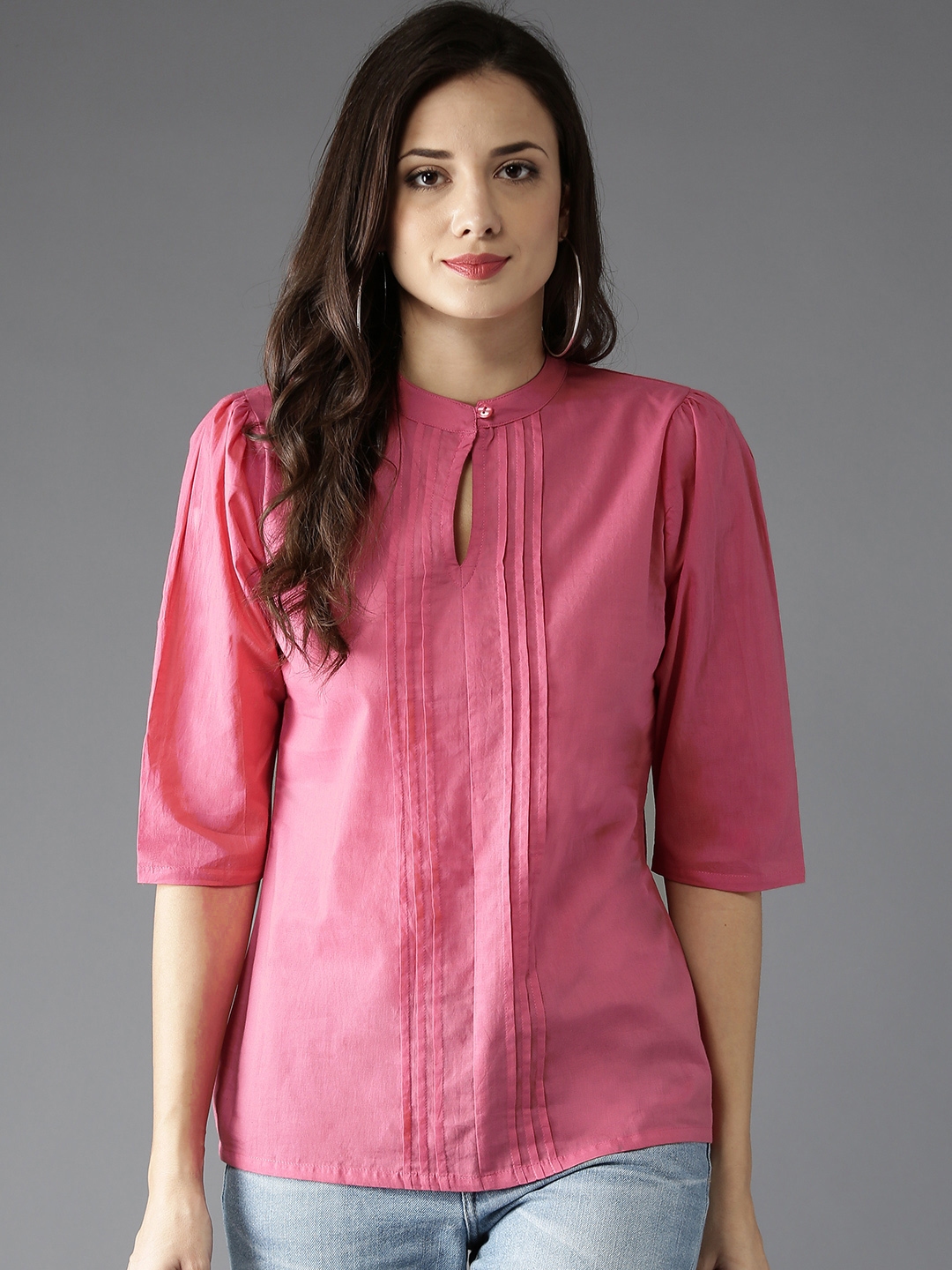 Moda Rapido Women Pink Solid Pure Cotton Top with Tucks