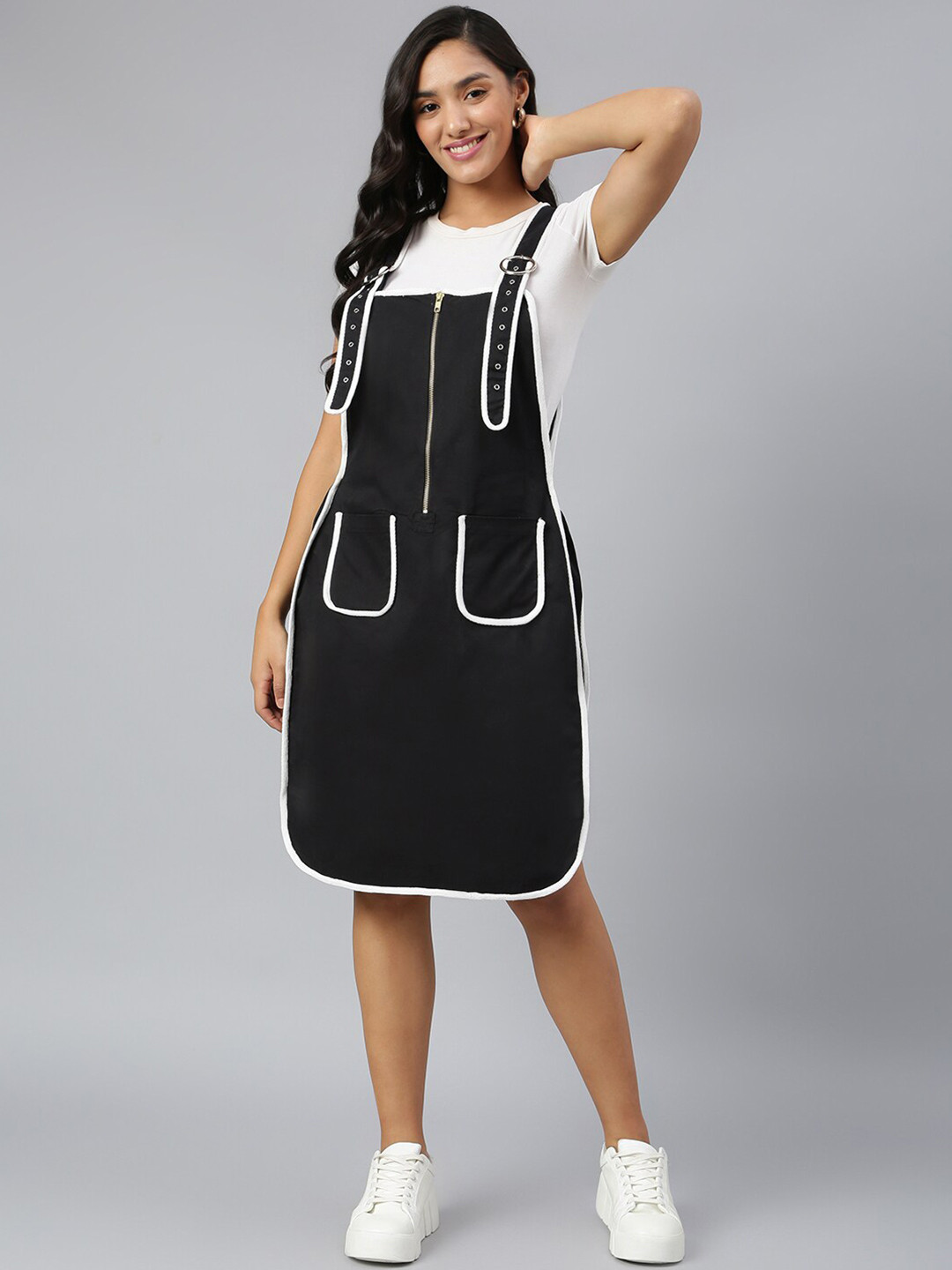 FINSBURY LONDON Black & White Cotton Pinafore Dress With Contrast Piping