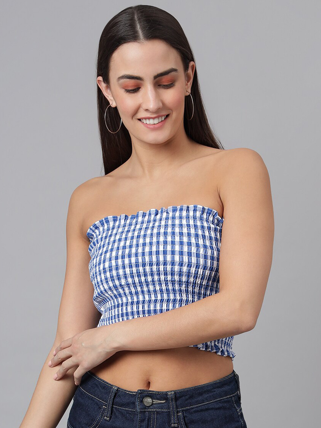 FINSBURY LONDON Blue & White Checked Smocked Tube Crop Top