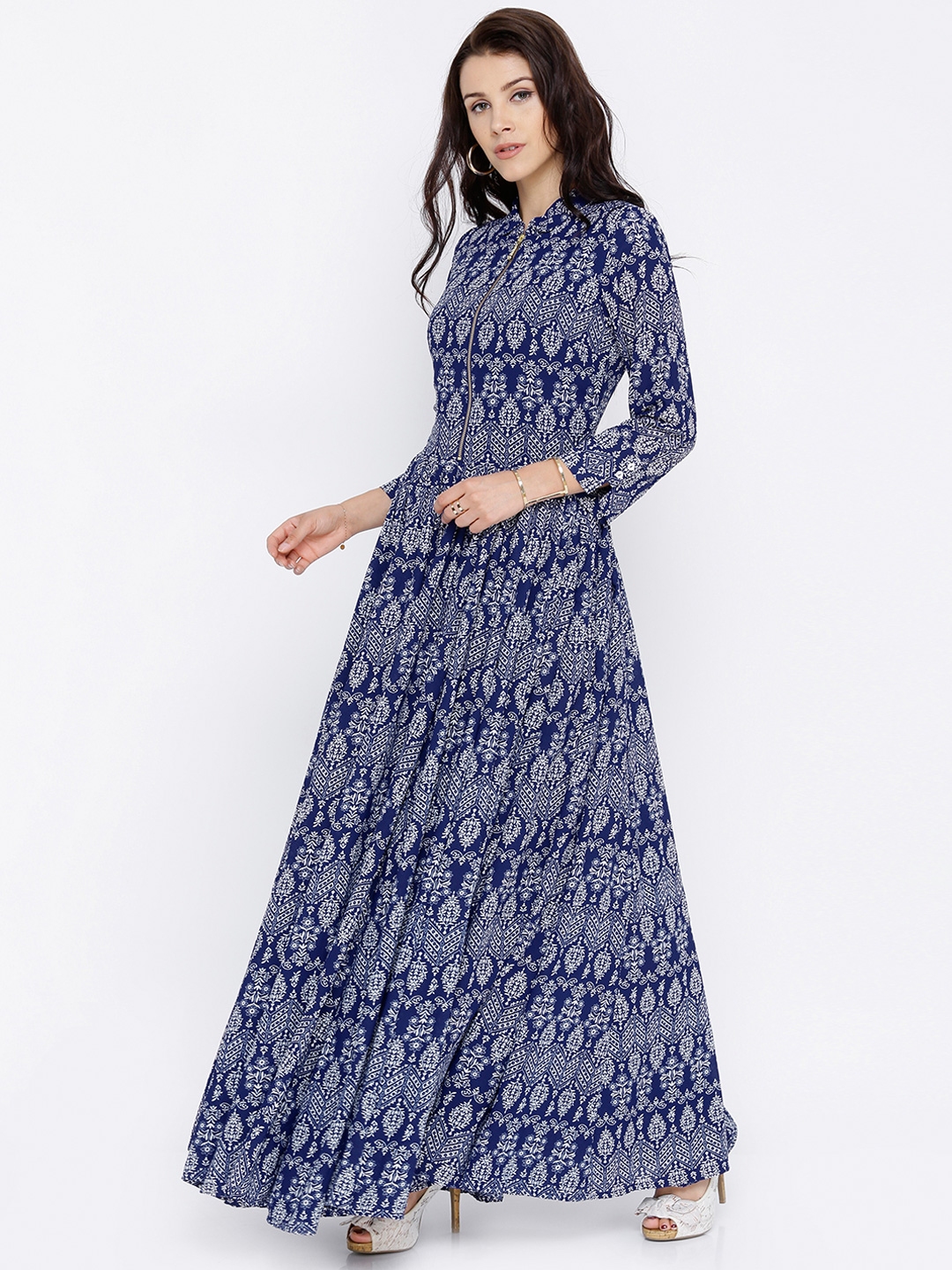 vishudh navy blue printed maxi dress