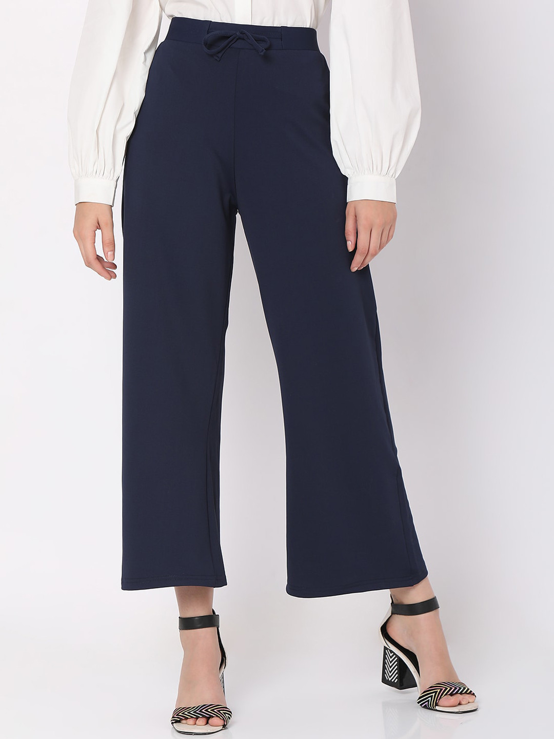 Smarty Pants Women Navy Blue Relaxed Straight Leg Flared Trousers