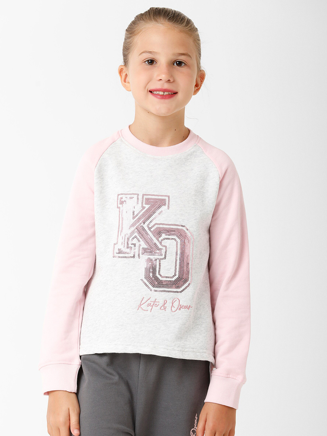 KATE & OSCAR Girls Grey & Pink Printed Sweatshirt