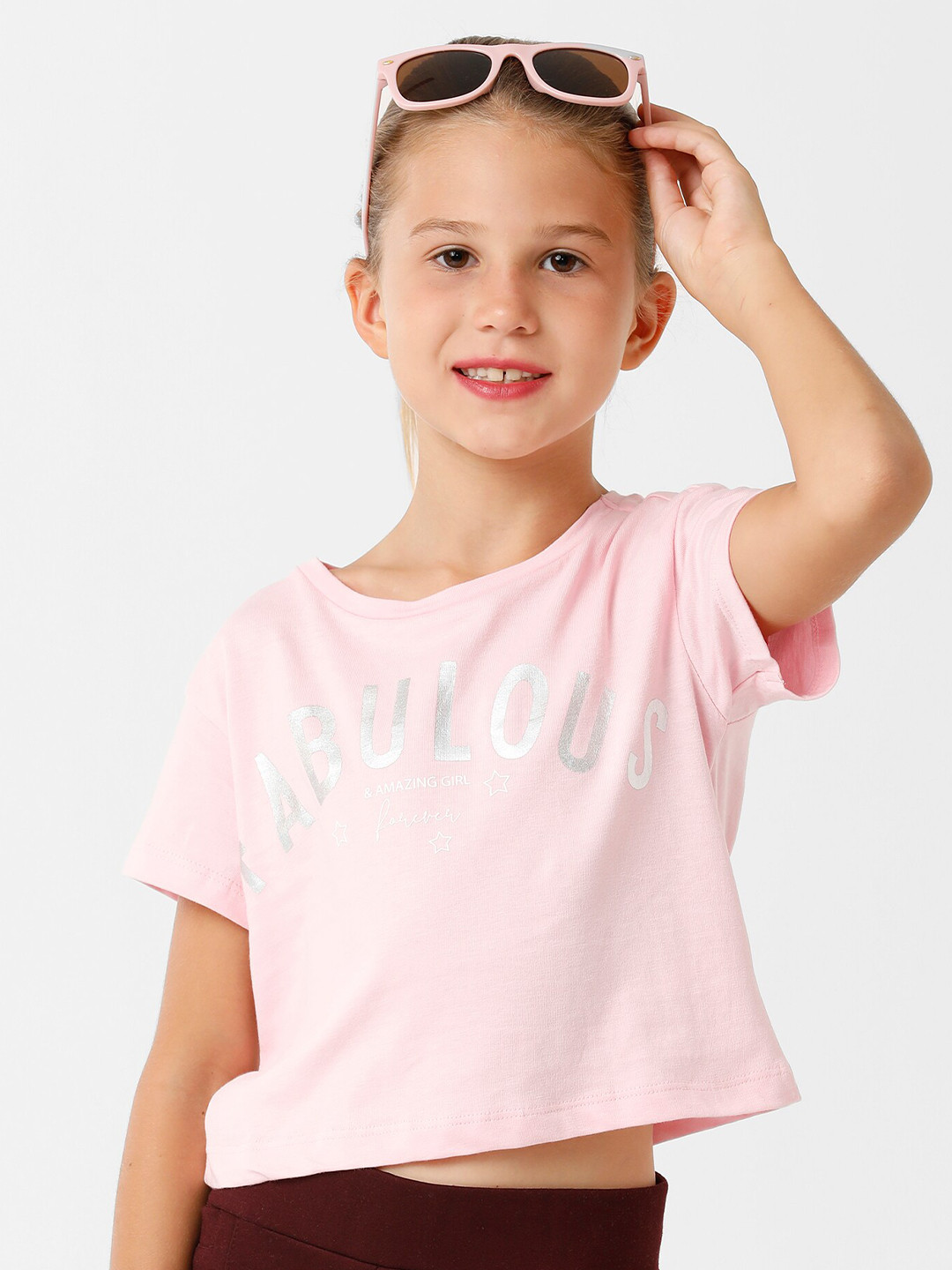 KATE & OSCAR Girls Pink Typography Printed Extended Sleeves T-shirt