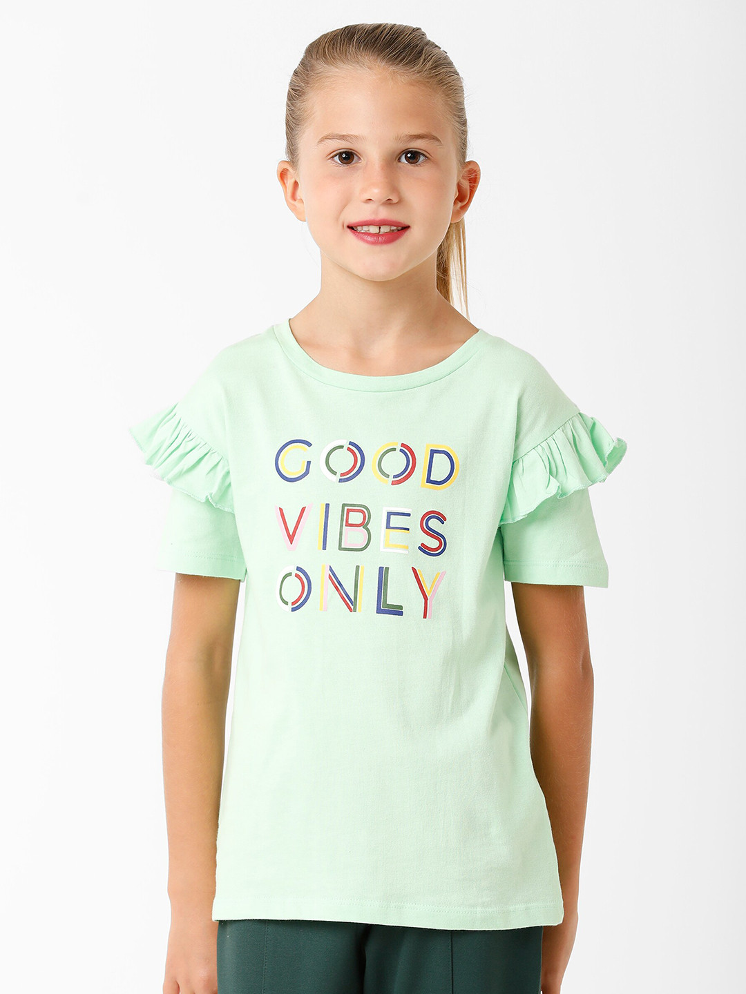 KATE & OSCAR Girls Green Typography Printed T-shirt