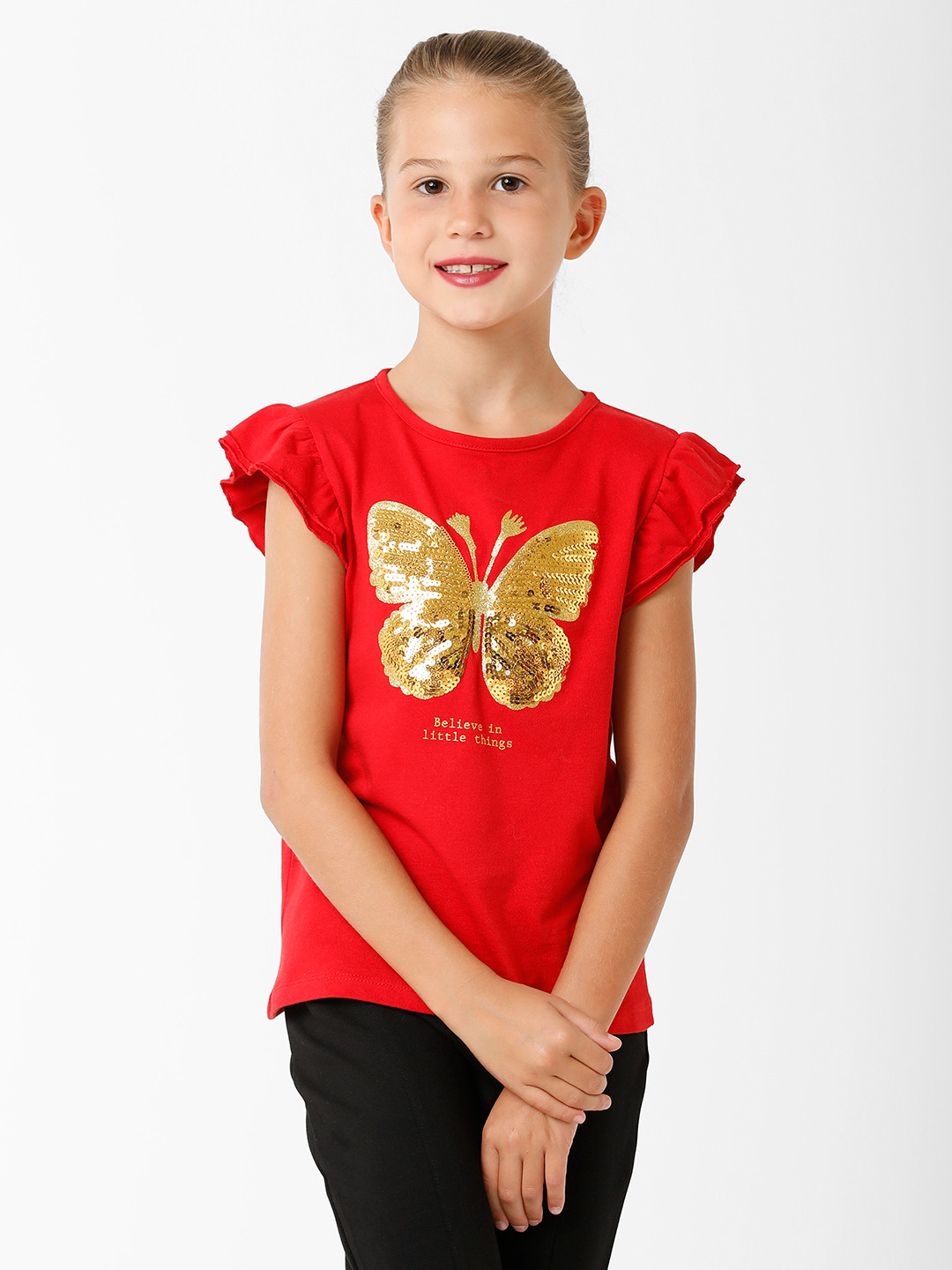 KATE & OSCAR Girls Red Printed Extended Sleeves T-shirt