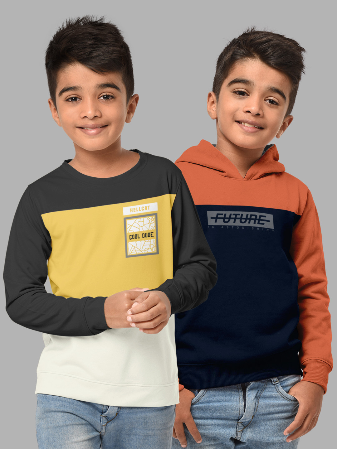 HELLCAT 2 Boys Grey Printed Hooded Cotton Sweatshirt