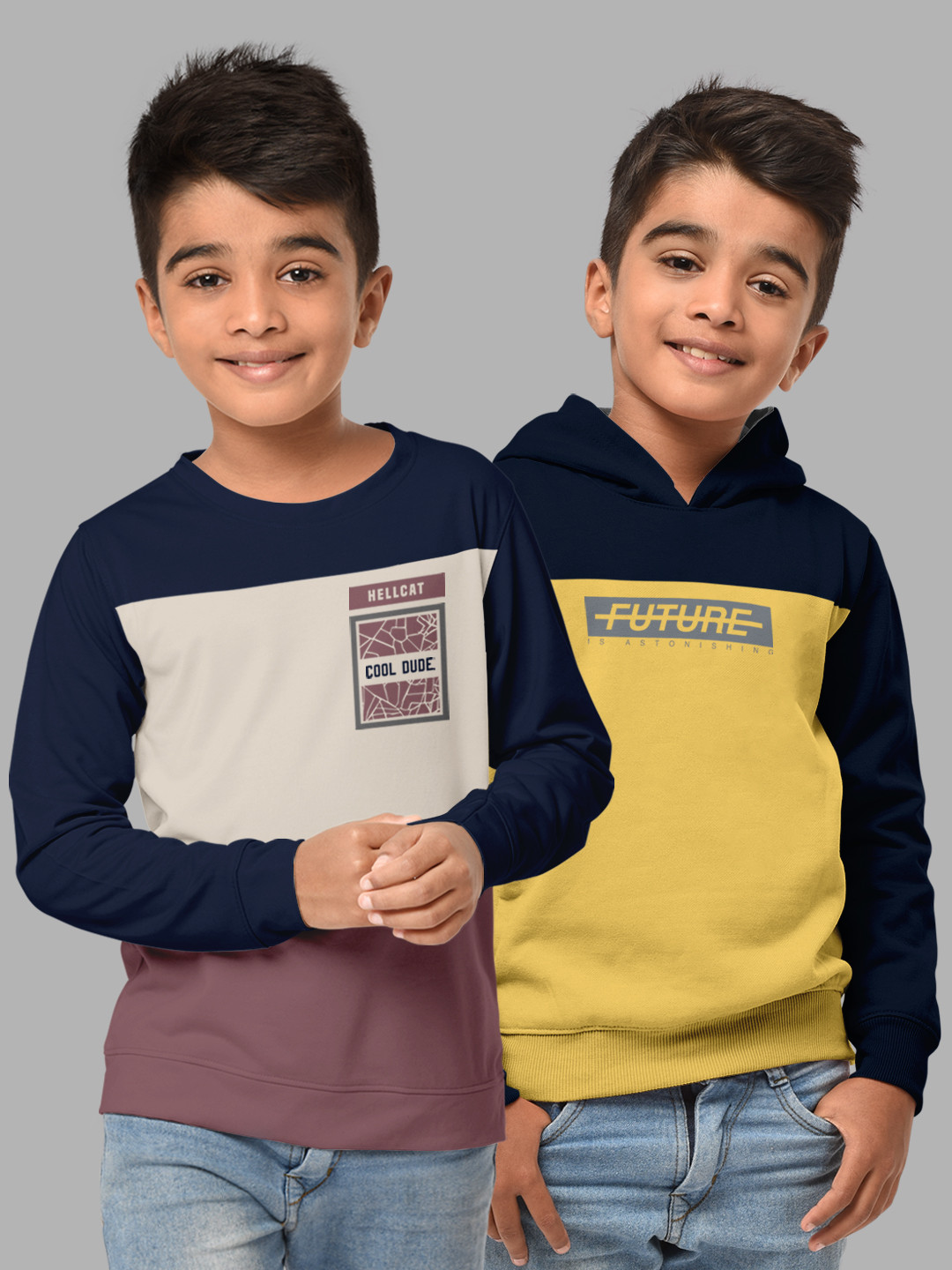 HELLCAT 2 Boys Navy Blue Colourblocked Hooded Cotton Sweatshirt
