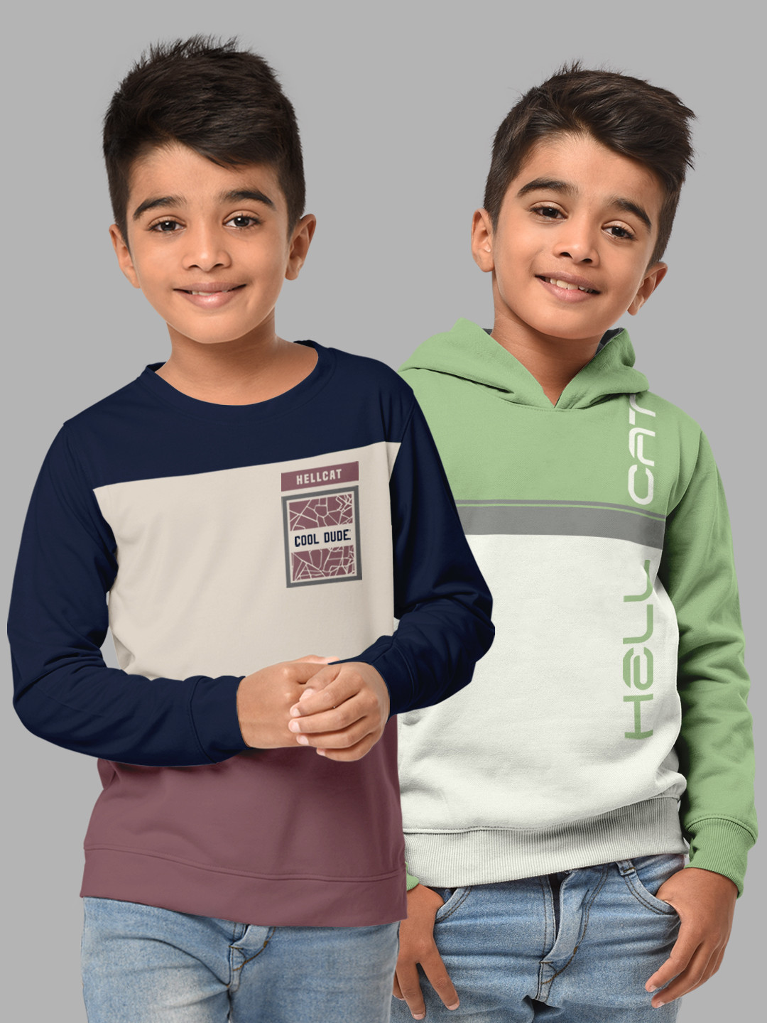 HELLCAT Boys Navy Blue 2 Colourblocked Hooded Cotton Sweatshirt