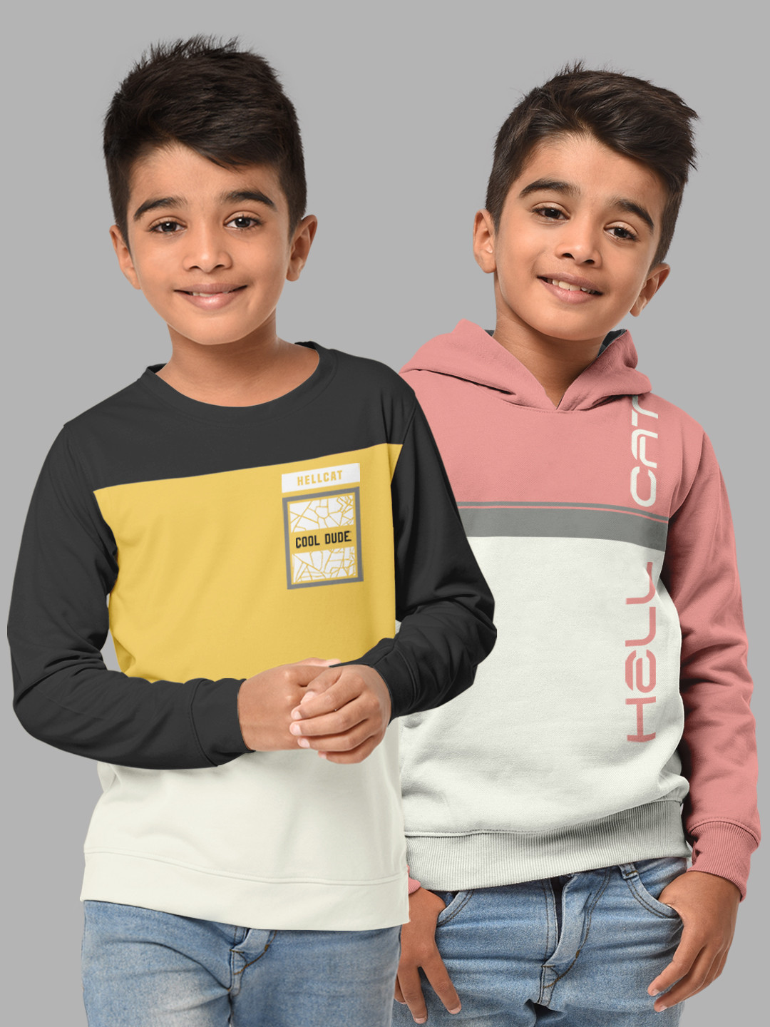 HELLCAT Boys Grey & Pink Pack Of 2 Colourblocked Hooded Sweatshirt