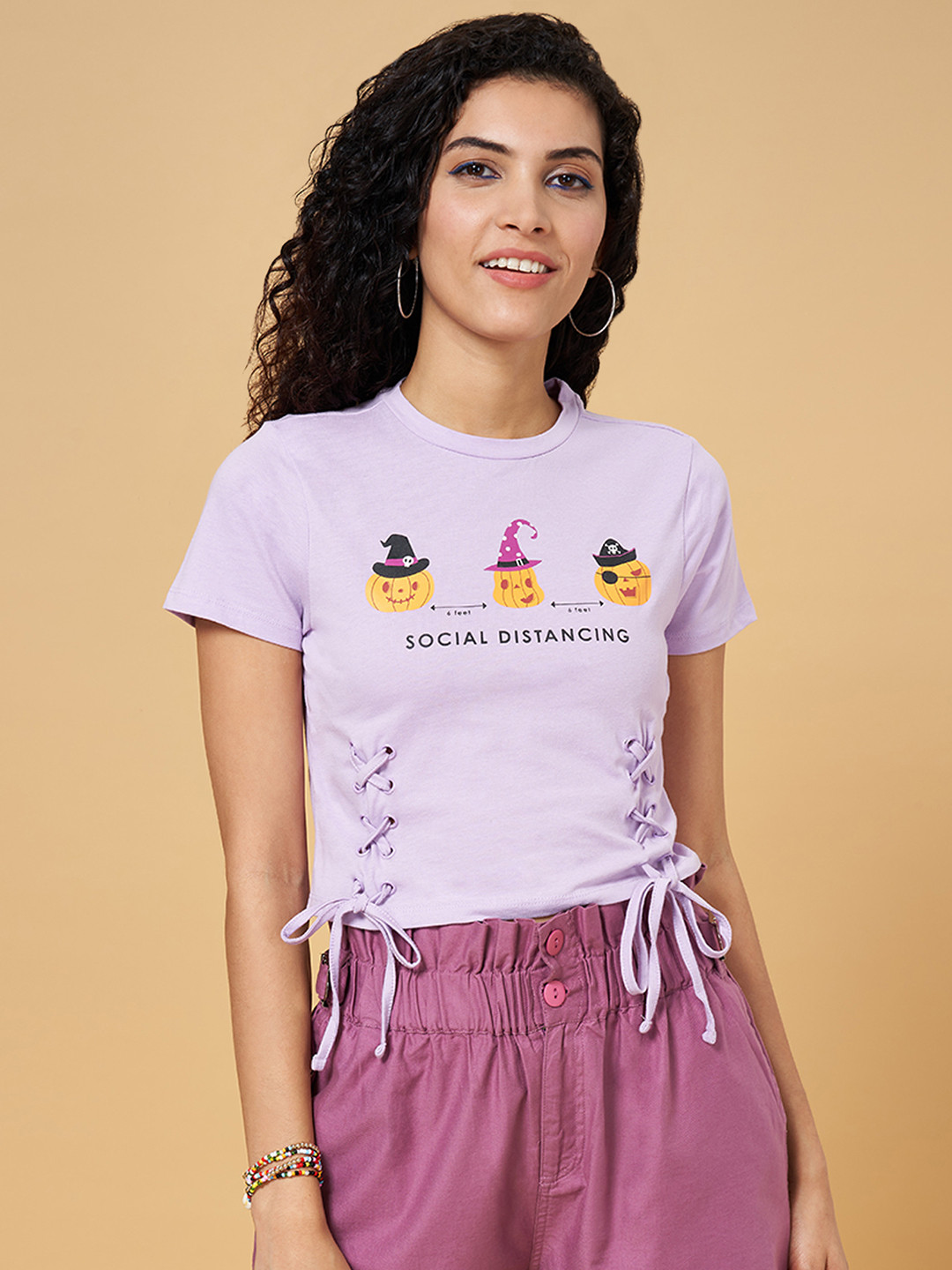 People Lavender Printed Lace Up Detail Pure Cotton Crop Top