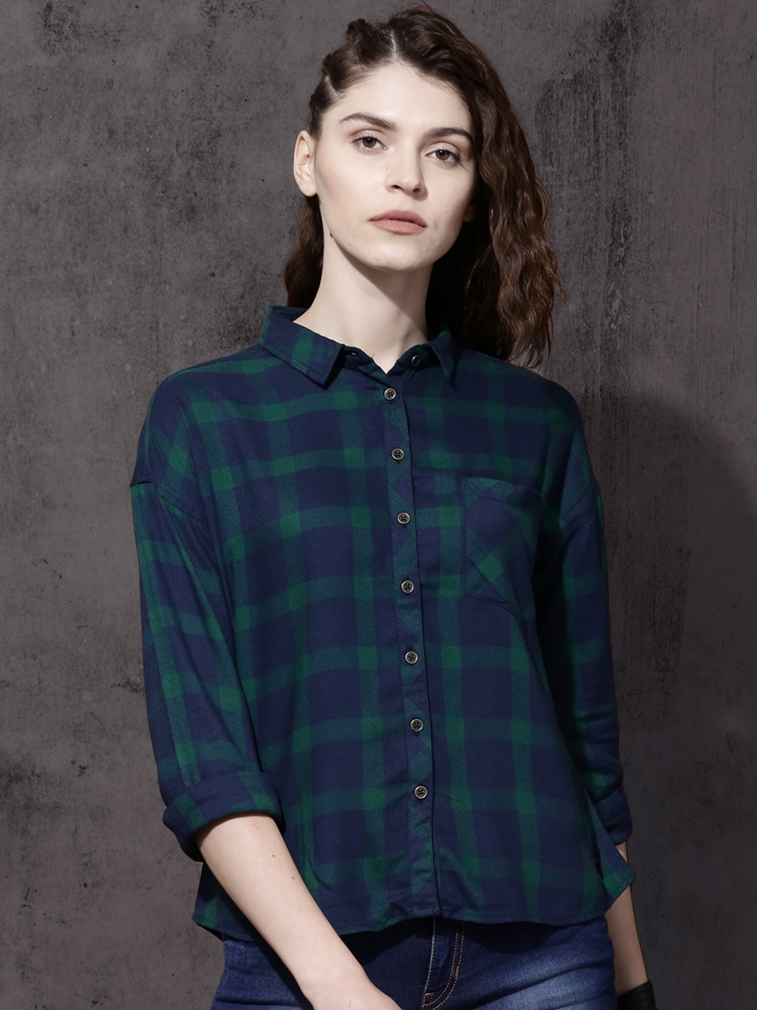 Buy Roadster Women Navy Blue & Green Boxy Fit Checked Casual Shirt - Shirts  For Women 1987226 | Myntra