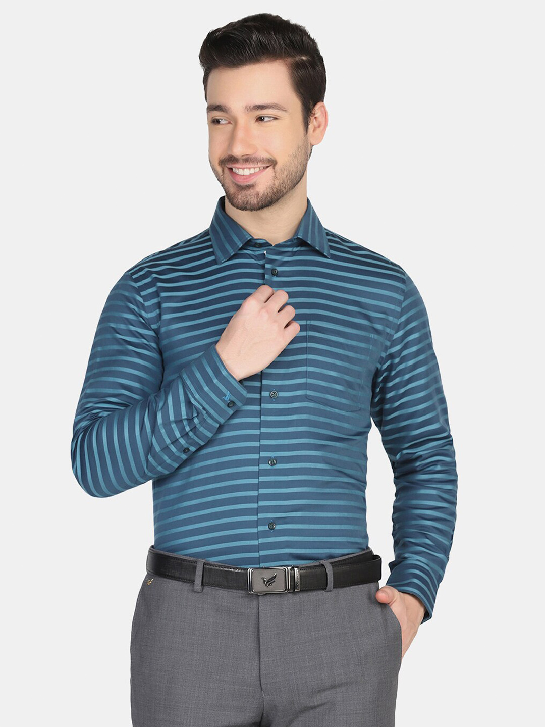 Blackberrys Men Teal Slim Fit Horizontal Stripes Striped Pure Cotton Formal Shirt