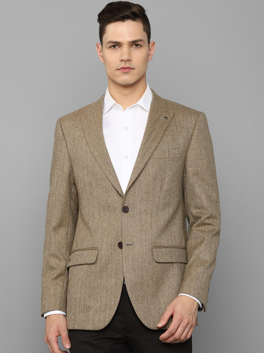 Louis Philippe Men Brown Self-Design Single-Breasted Pure Wool Blazers
