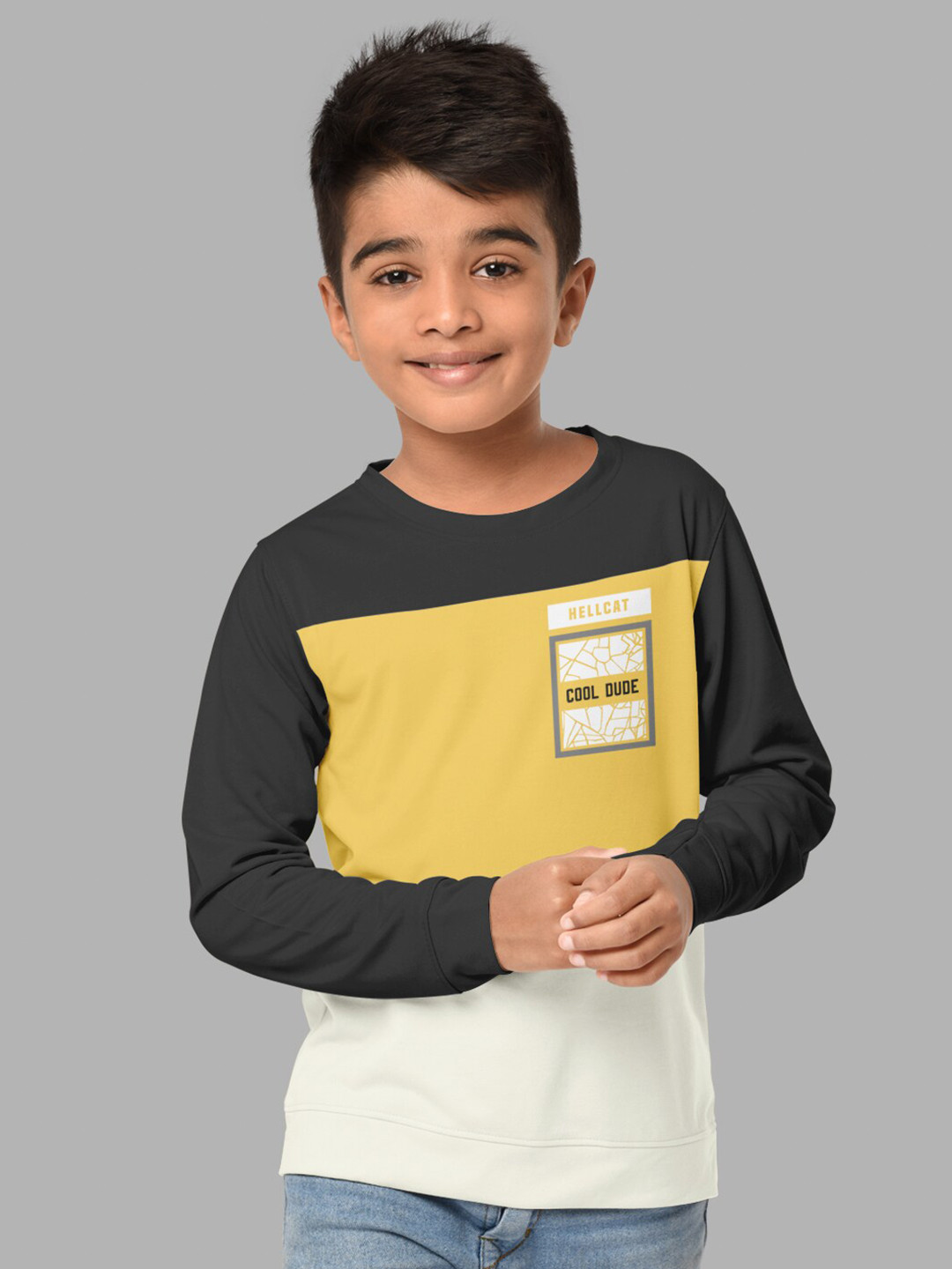 HELLCAT Boys Lime Colourblocked  Regular Fit Blended Cotton Printed Long Sleeve Tshirt