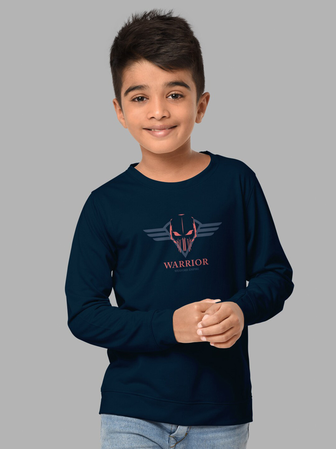 HELLCAT Boys Navy Blue Regular Fit Blended Cotton Printed Long Sleeve Bio Finish T-shirt