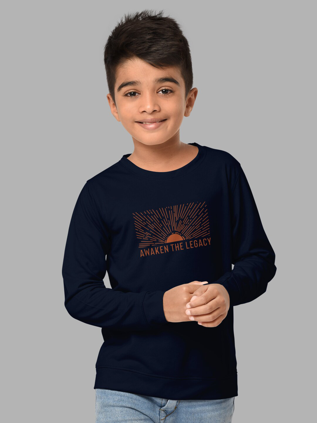 HELLCAT Boys Navy Blue Regular Fit Blended Cotton Printed Long Sleeve Bio Finish T-shirt