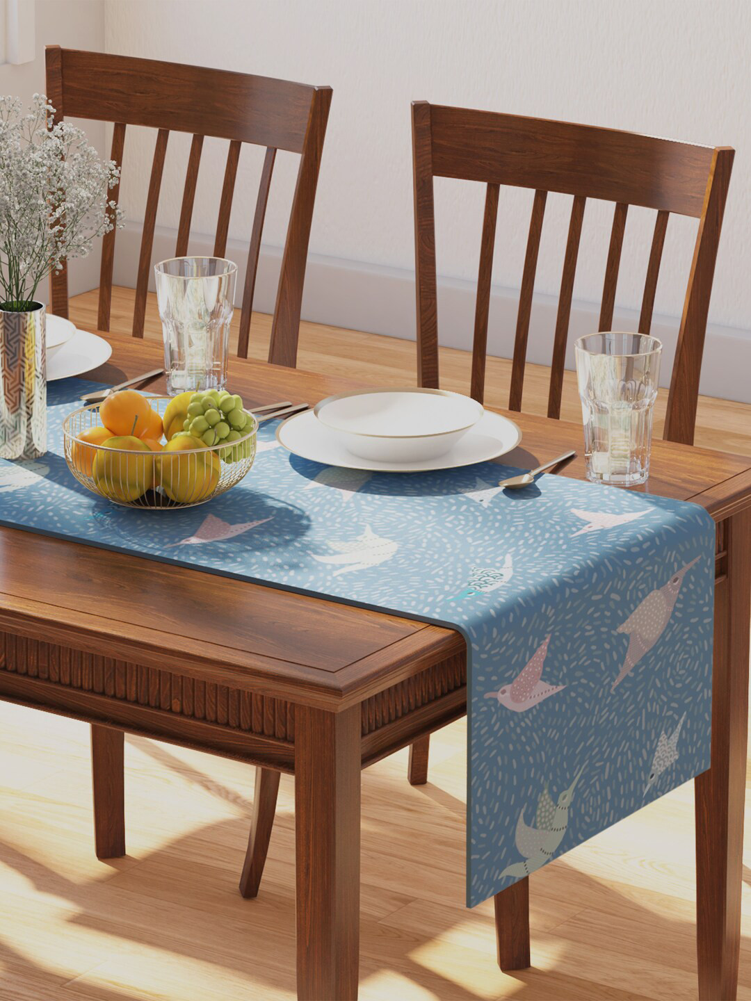 PETAL HOME Blue Gondi Bird Printed Pure Cotton Rectangular Table Runners