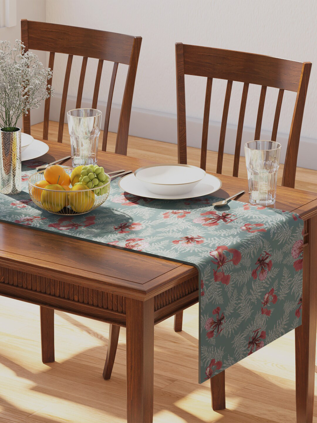 PETAL HOME Teal Ponciana Printed Pure Cotton Table Runners