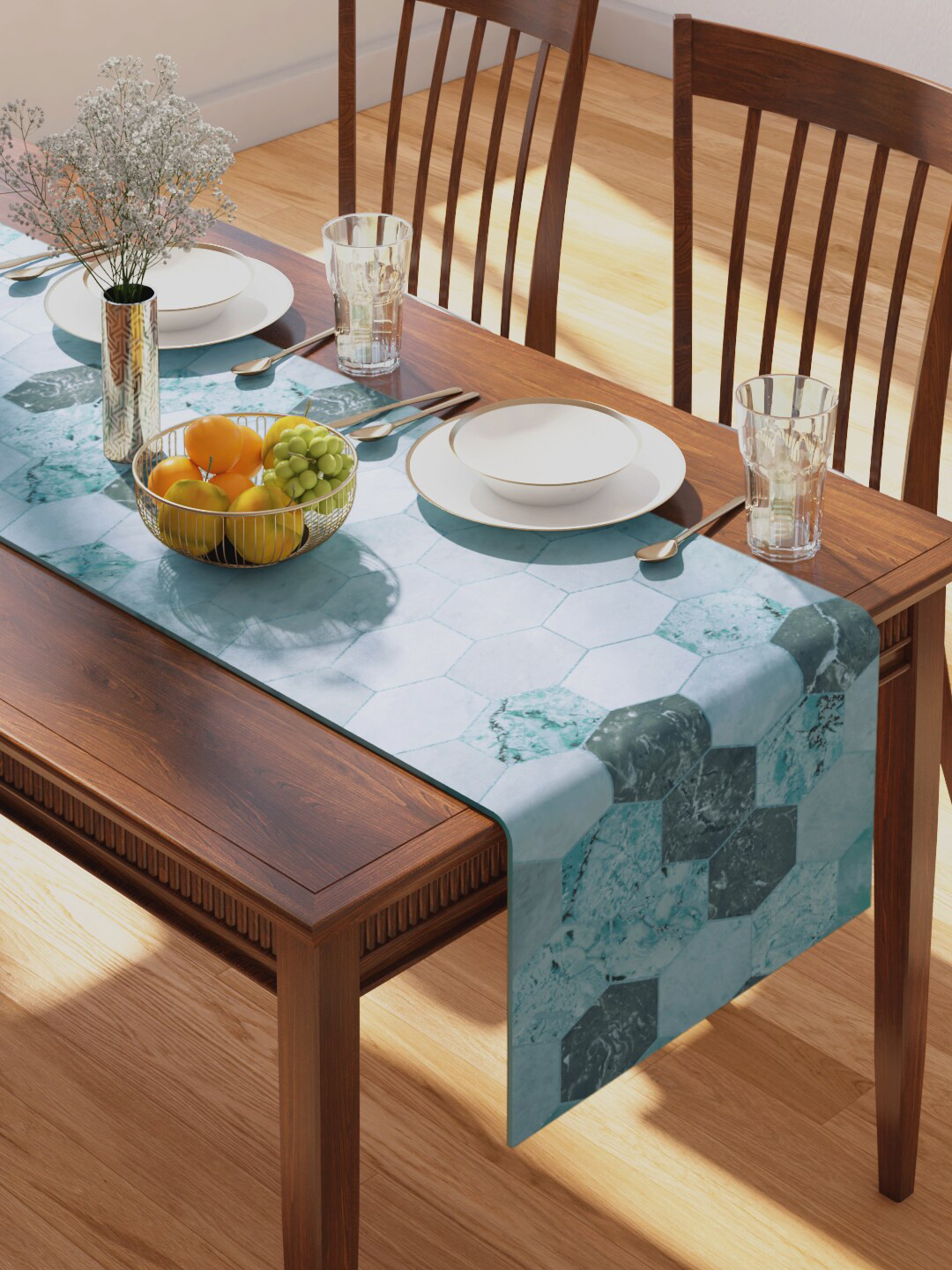 PETAL HOME Teal Hexagon Printed Pure Cotton Rectangular Table Runner