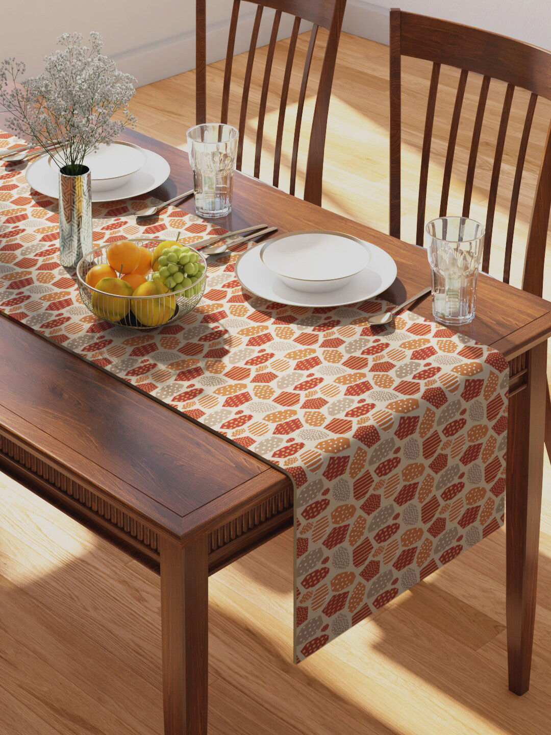 PETAL HOME Burgundy Printed Pure Cotton Table Runner