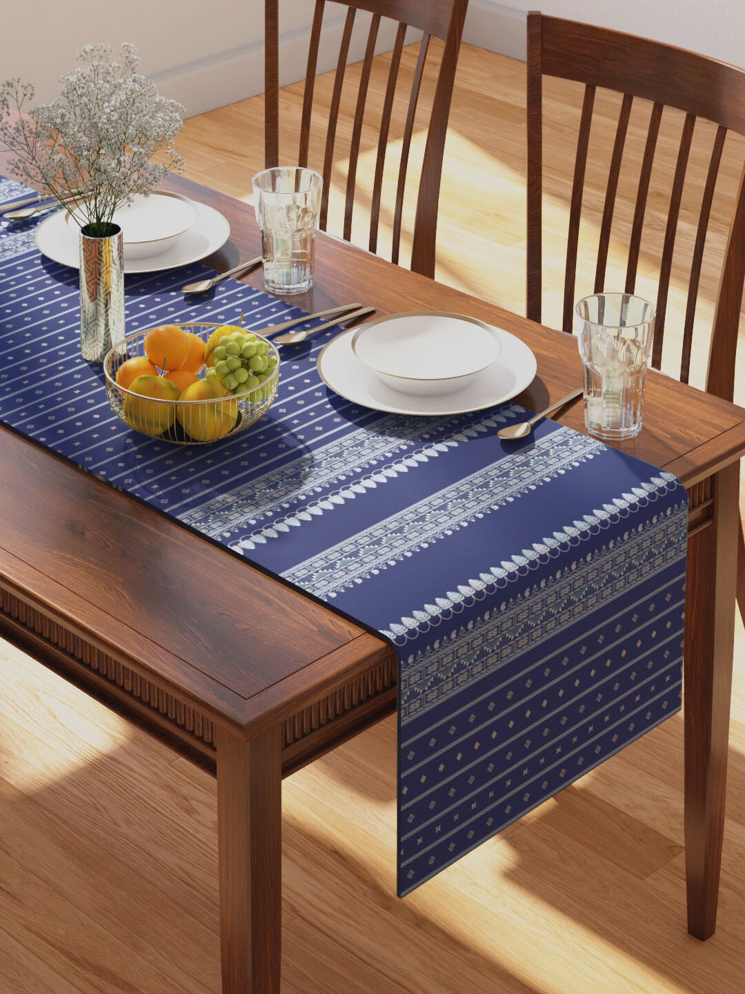 PETAL HOME Navy Blue Printed Pure Cotton Table Runners