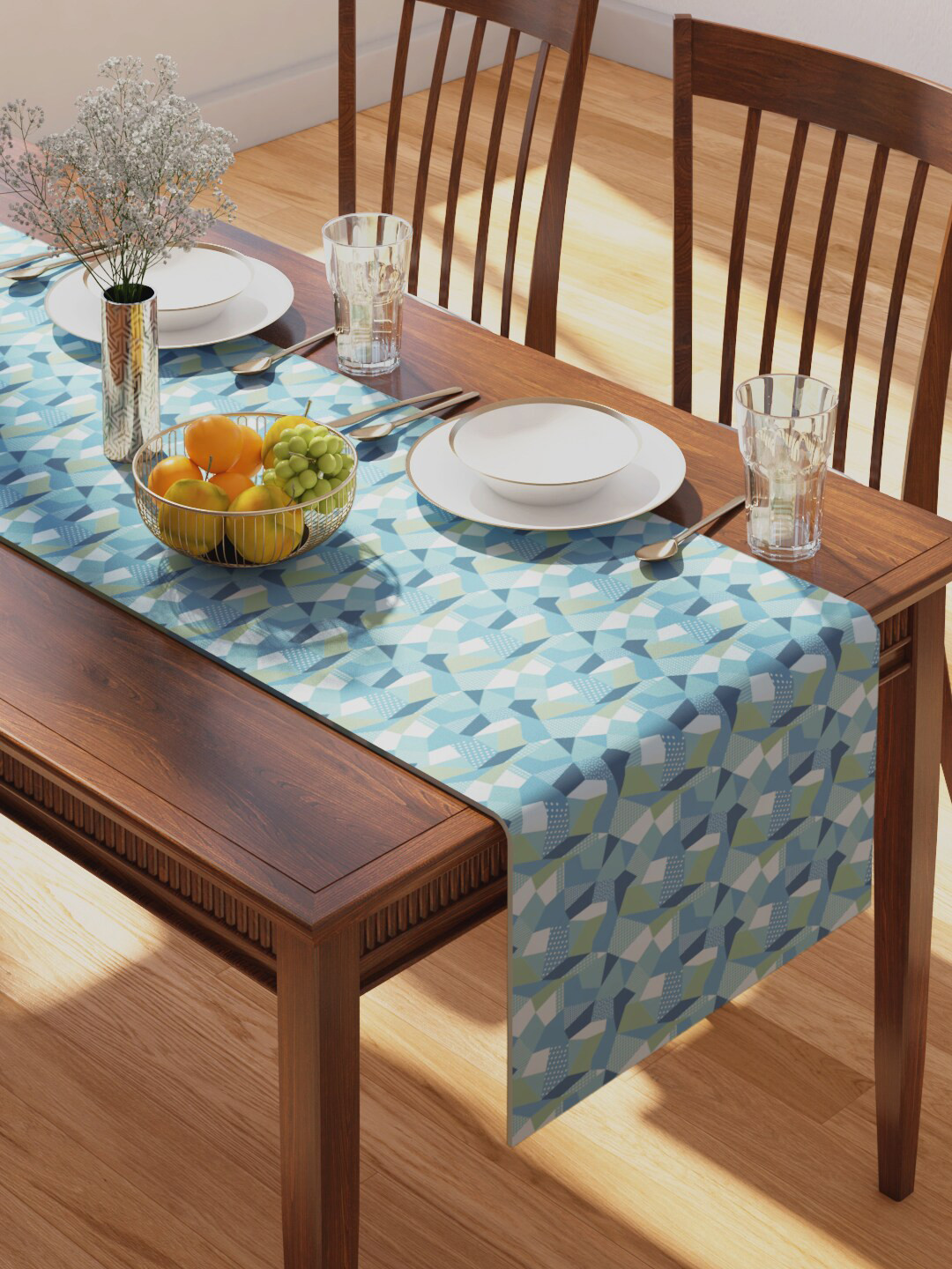PETAL HOME Blue Origami Printed Pure Cotton Table Runner