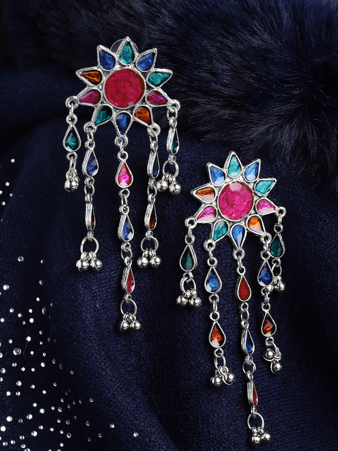 PANASH Silver-Toned & Red Star Shaped Drop Earrings