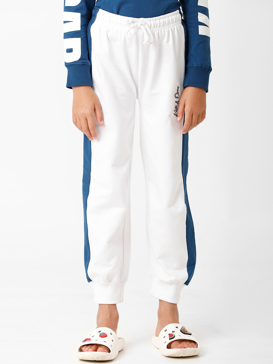 KATE & OSCAR Girls White & Blue Colourblocked Pure Cotton Joggers