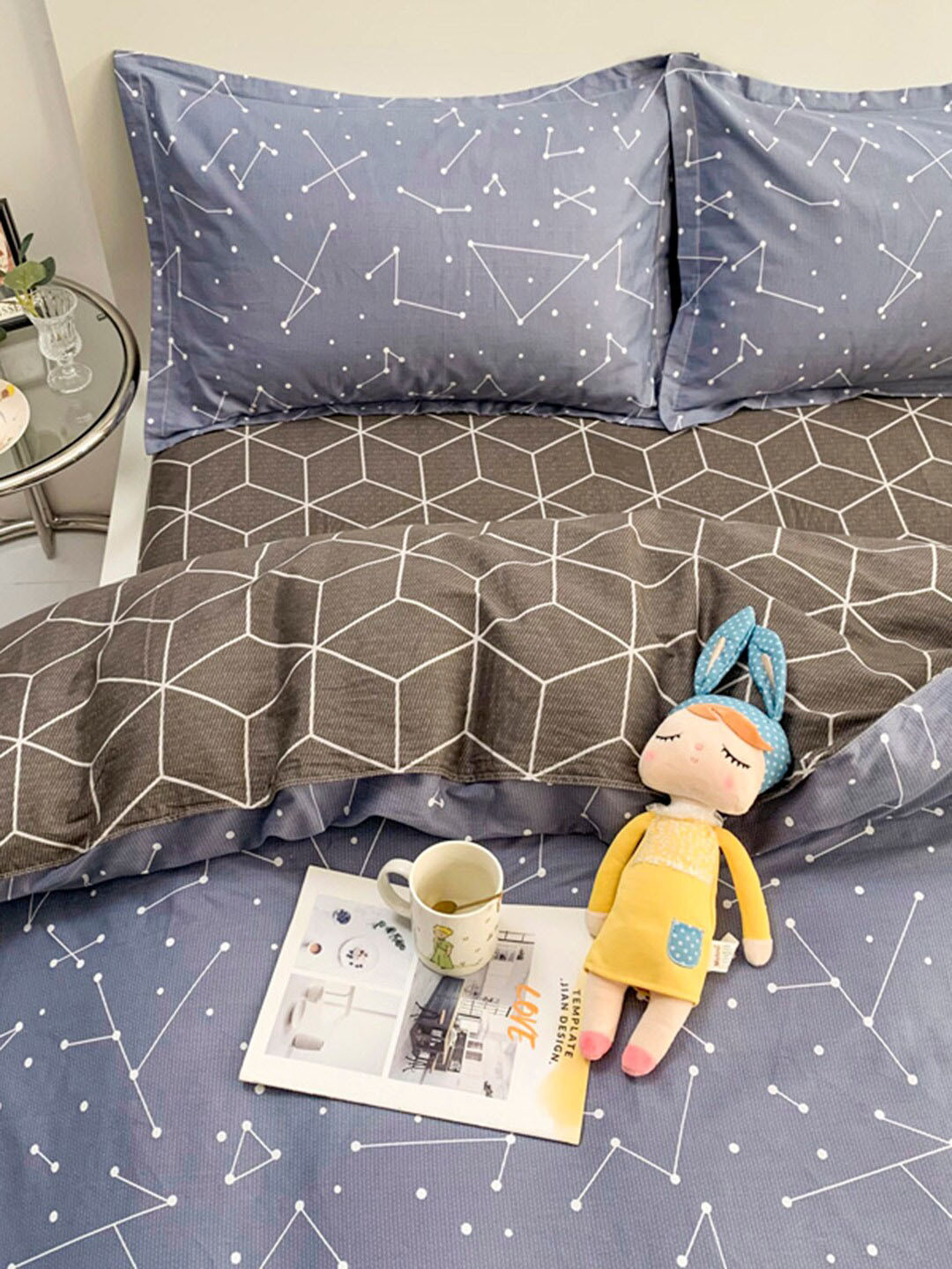 JC HOME Pure cotton Grey Printed Bedding Set