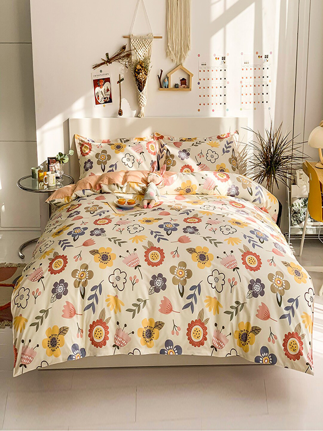 JC HOME Cream & Peach Printed Pure Cotton Double King Bedding Set
