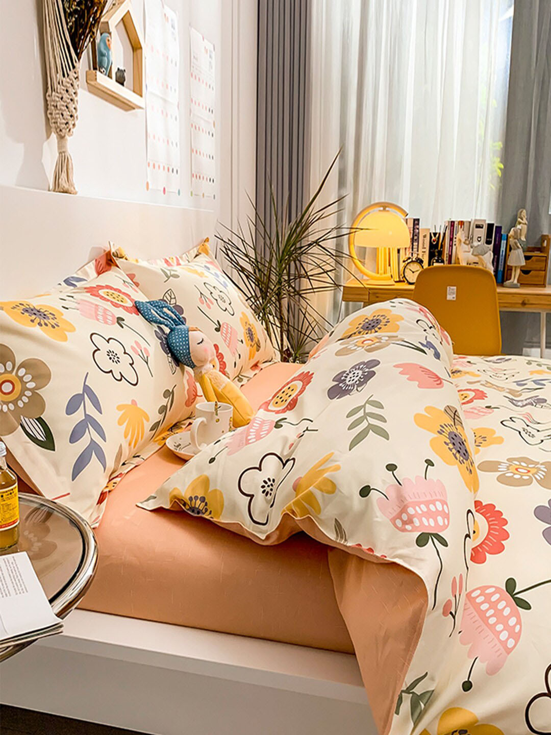 JC HOME Cream & Peach Printed Pure Cotton Single Bedding Set