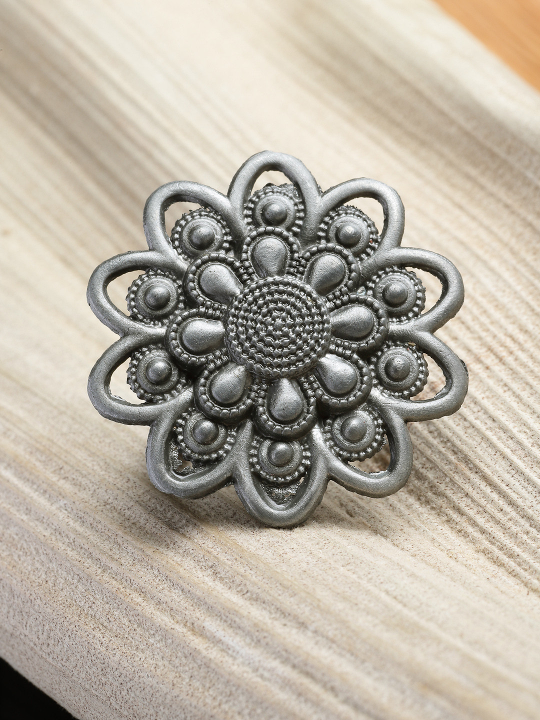 PANASH Silver-Toned Floral-Designed Oxidized Adjustable Ring
