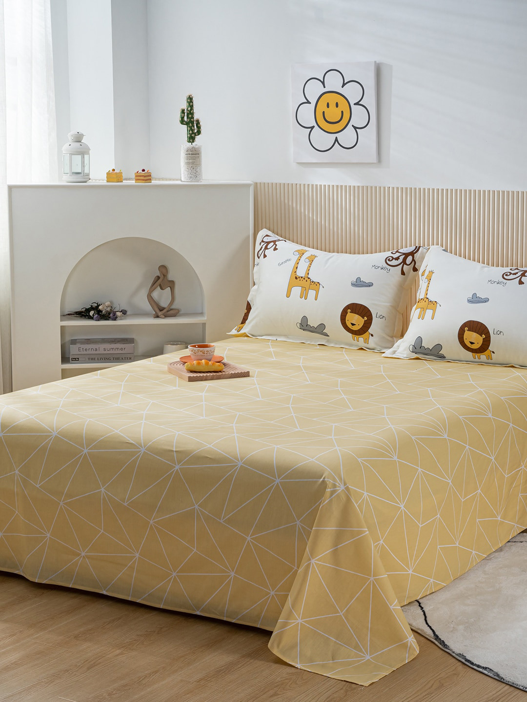 JC HOME Yellow Abstract Pure Cotton 200 TC Queen Fine Bedsheet with 2 Pillow Covers-200 x 230 cm