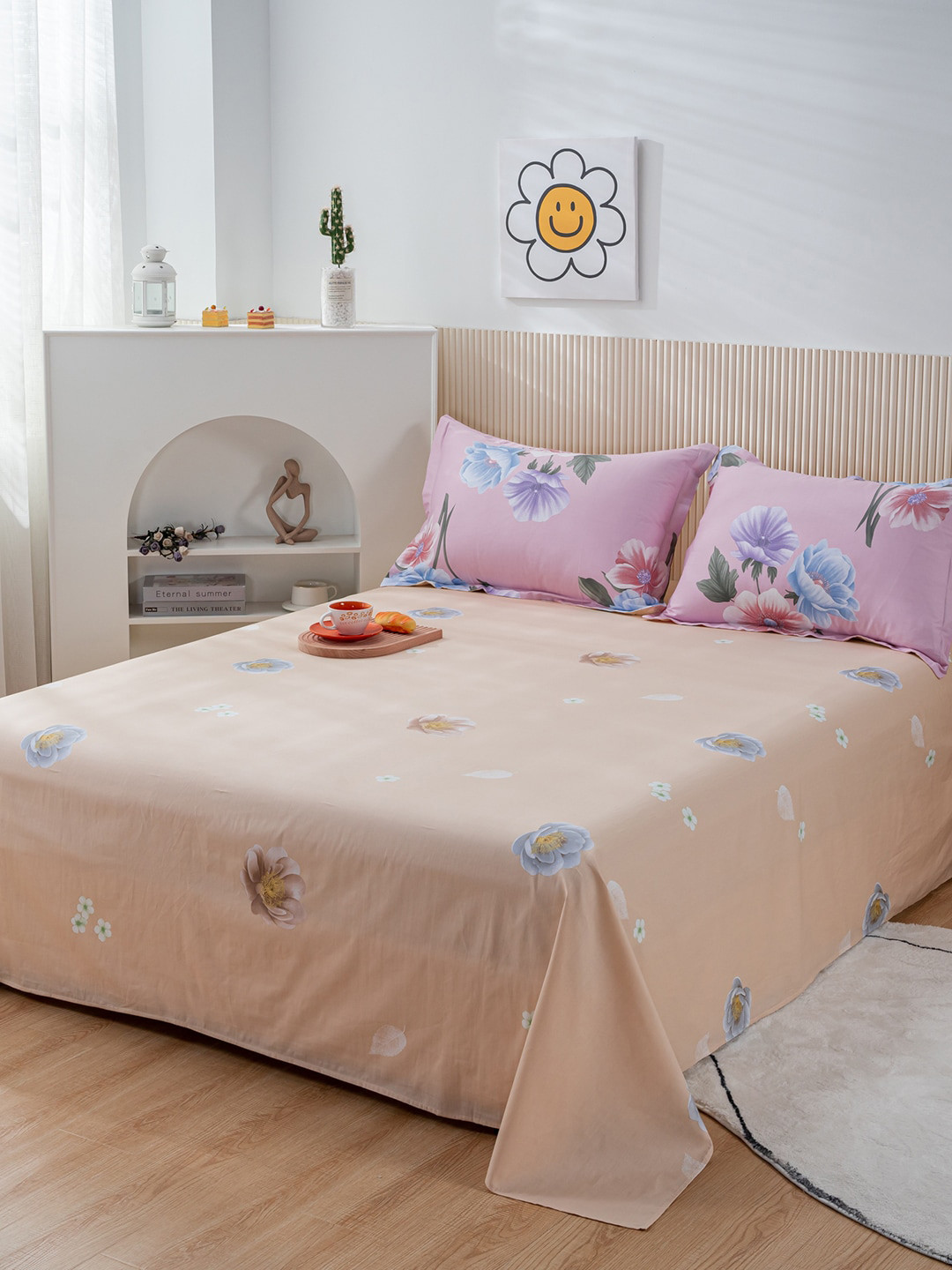 JC HOME Peach Floral Pure Cotton Skin-Friendly 200 TC Queen Fine Bedsheet with 2 Pillow Covers-79 x 91 inches