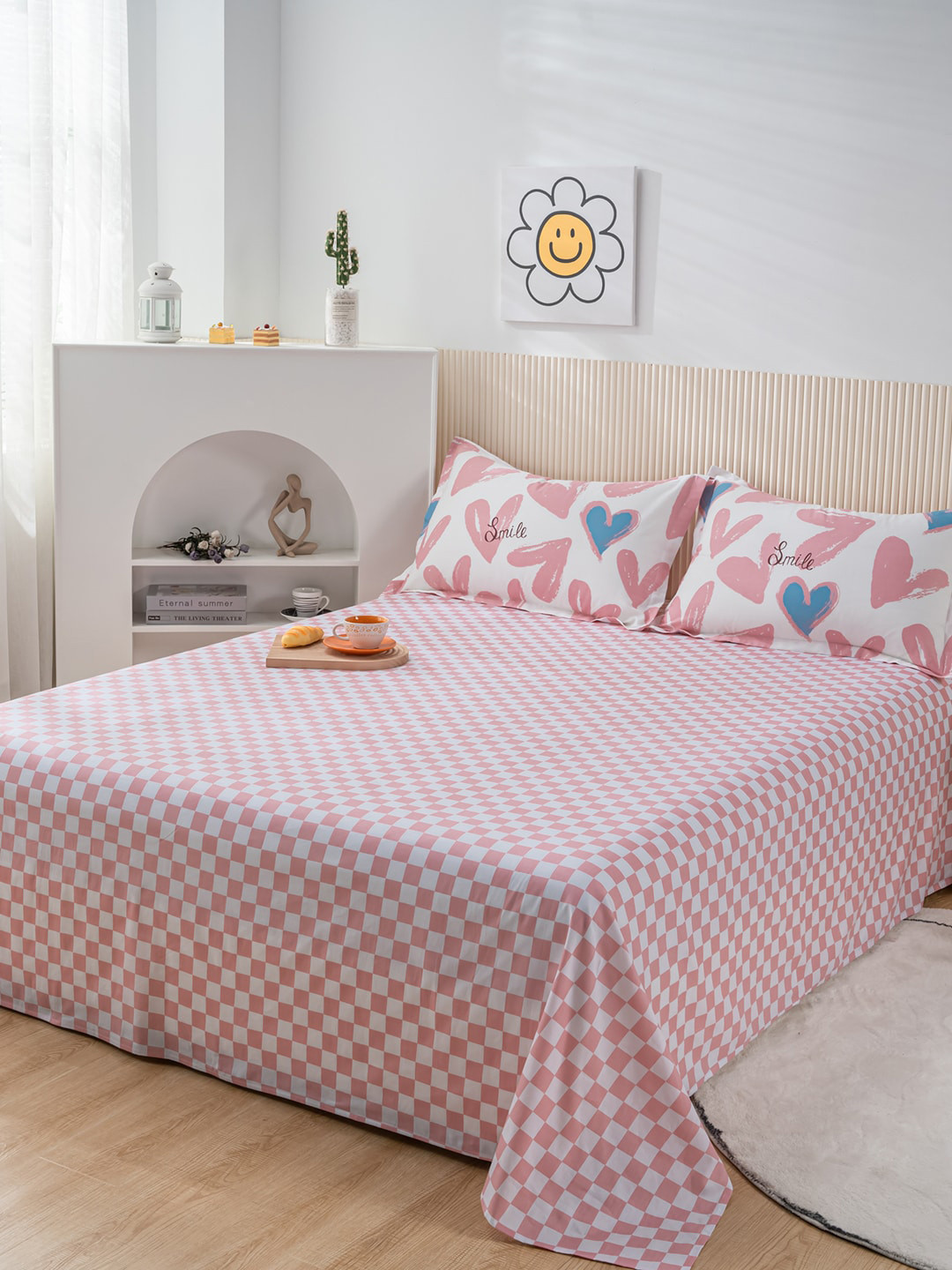 JC HOME Pink Checked Cotton 200 TC Single Bedsheet with a Pillow Cover-35 x 79 inches