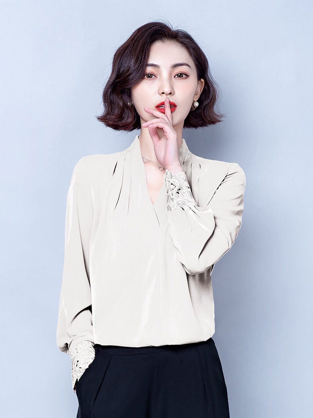 JC Collection Cream-Coloured Solid V-neck Top