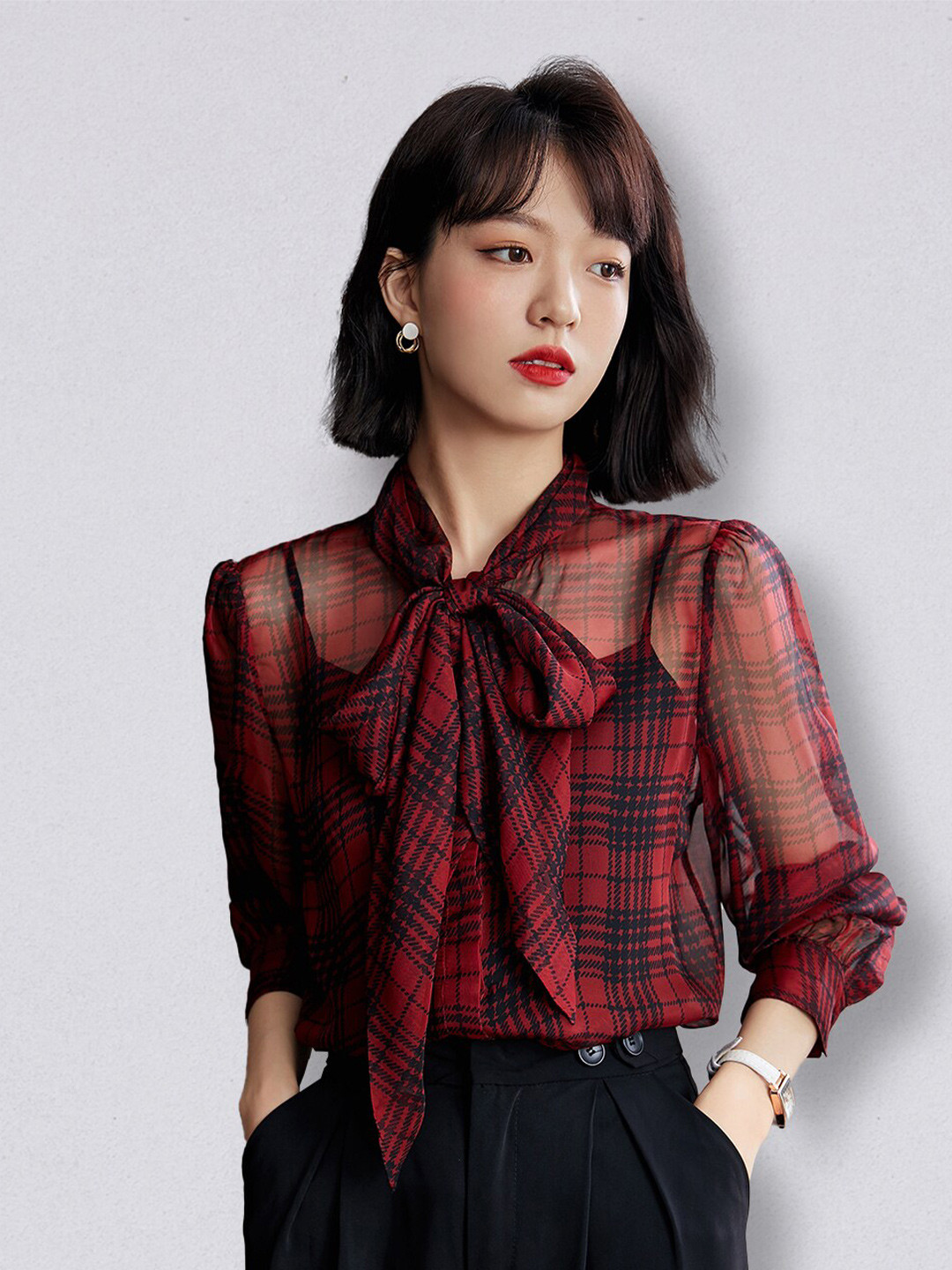 JC Collection Women Red Checked Tie-Up Neck Shirt Style Top