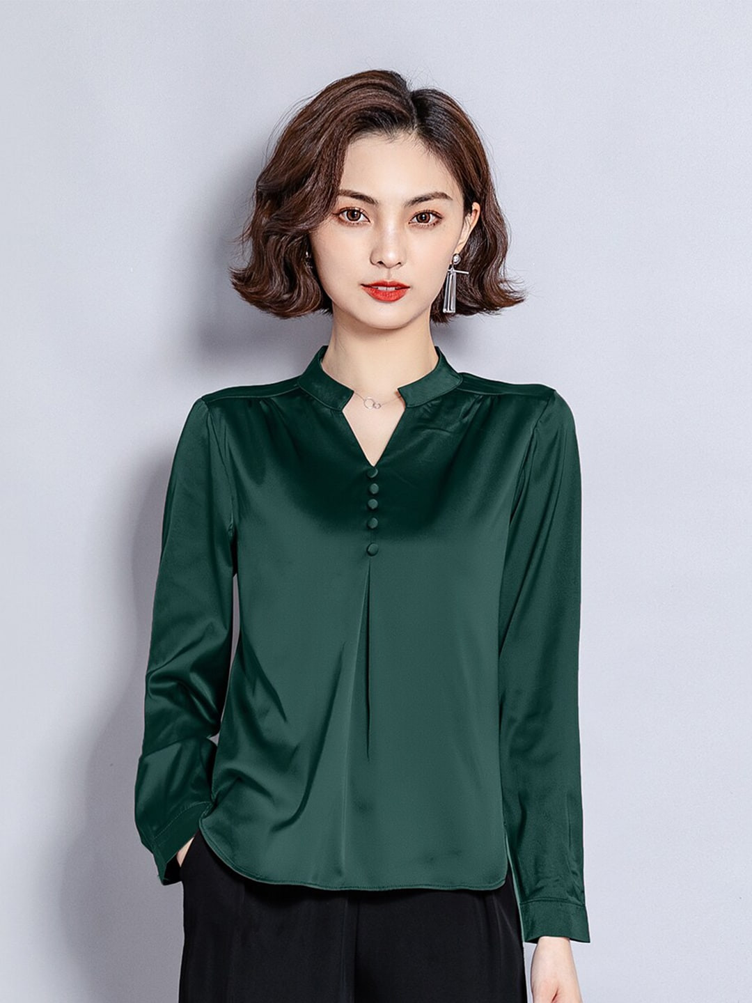 JC Collection Women Green Mandarin Collar Shirt Style Top