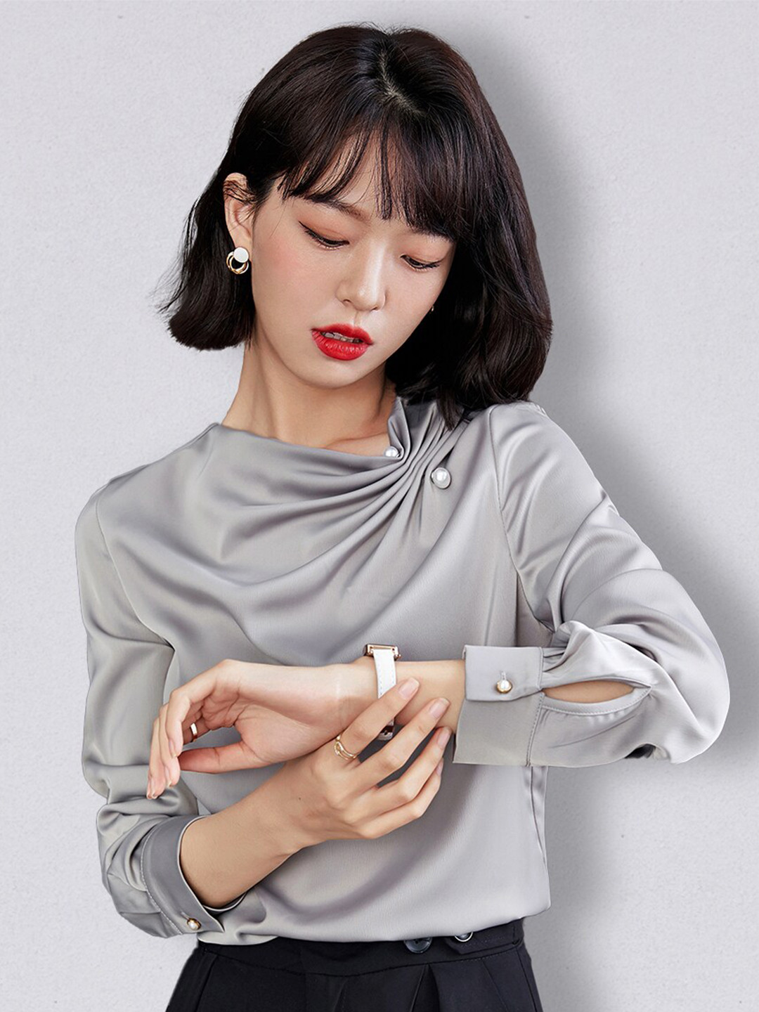 JC Collection Grey Cuffed Sleeves Cowl Neck Top