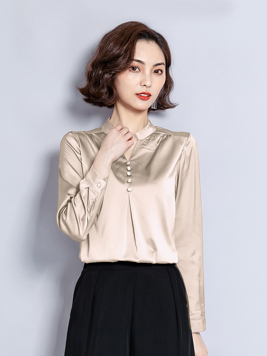 JC Collection Champagne Mandarin Collar Longline Top