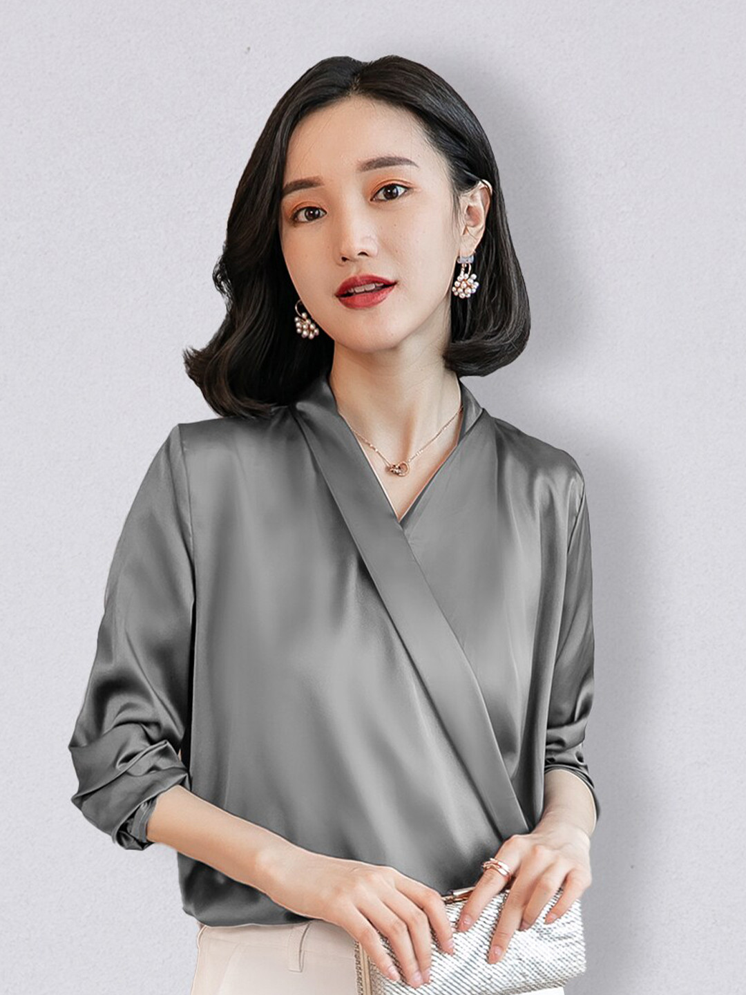 JC Collection Grey Solid Wrap Formal Top